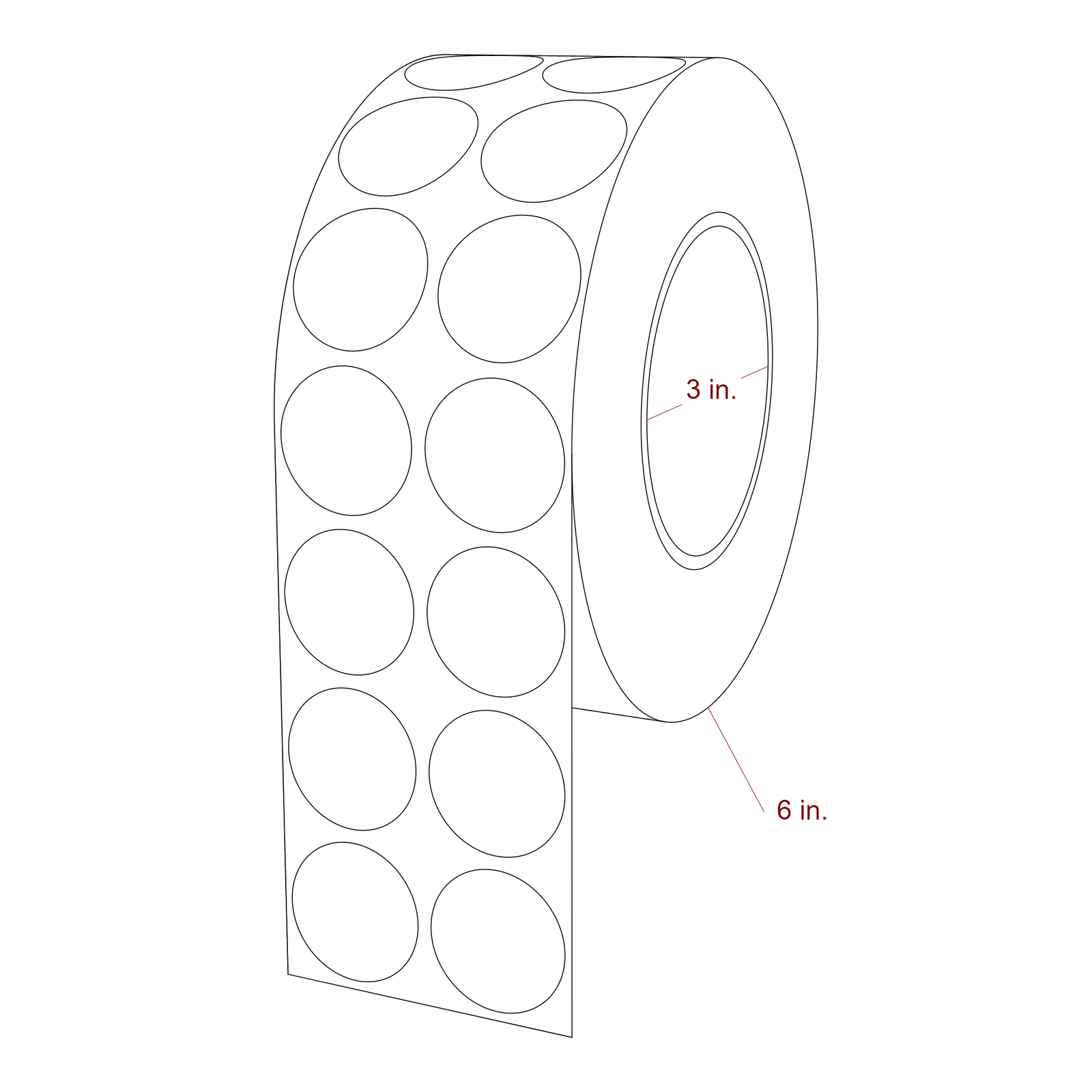 1.25 Inch Diameter Circle Inkjet Labels Roll - 3 Inch Core - 6 Inch Roll OD - 2Up - 3D Perspective
