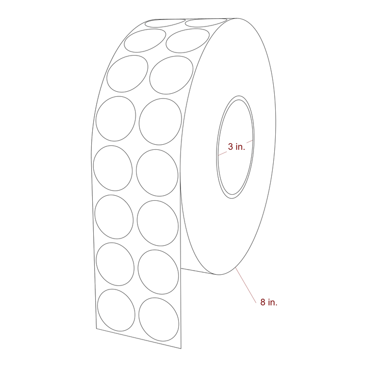 1.25 Inch Diameter Circle Inkjet Labels Roll - 3 Inch Core - 8 Inch Roll OD - 2Up - 3D Perspective