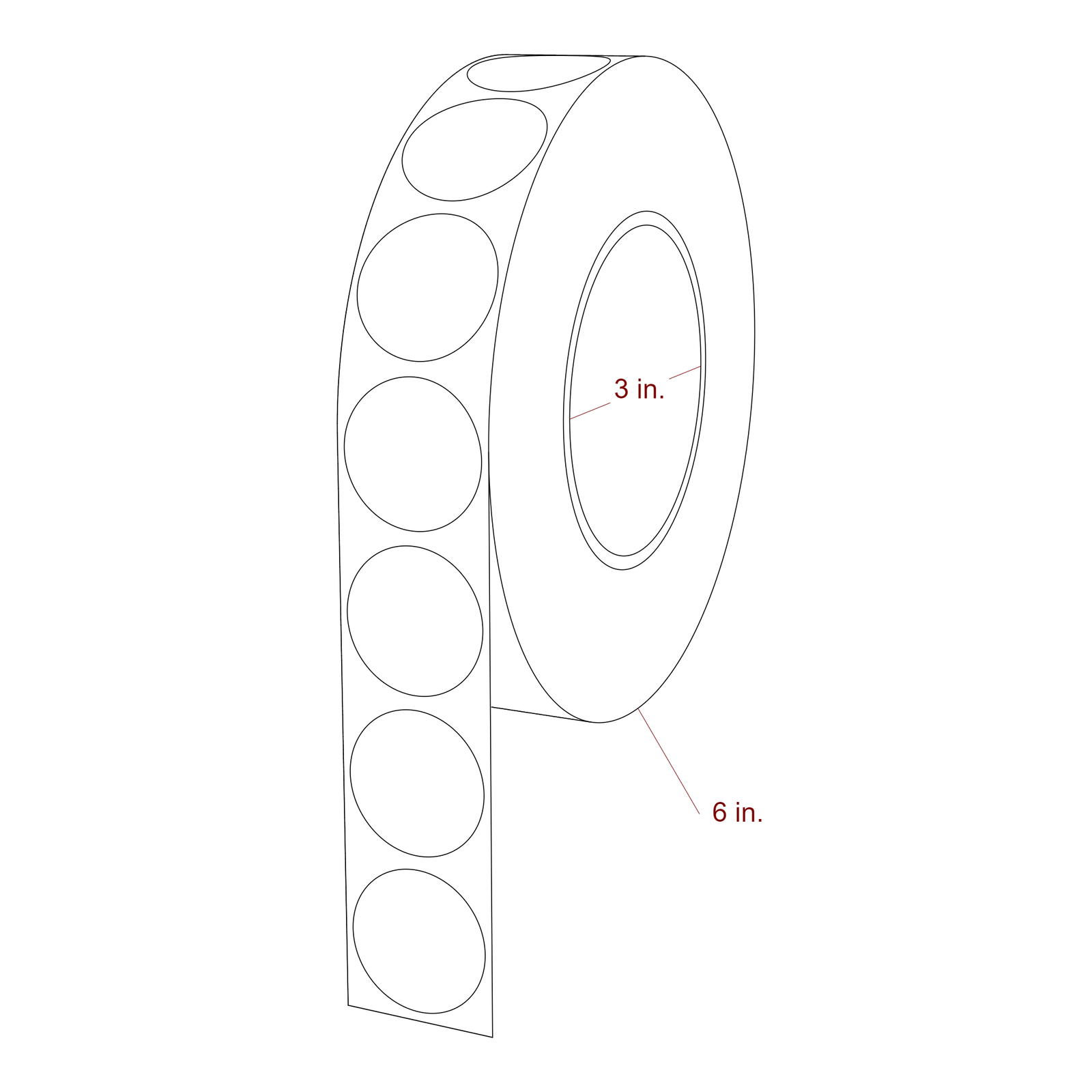1.25 Inch Diameter Circle Inkjet Labels Roll - 3 Inch Core - 6 Inch Roll OD - 3D Perspective