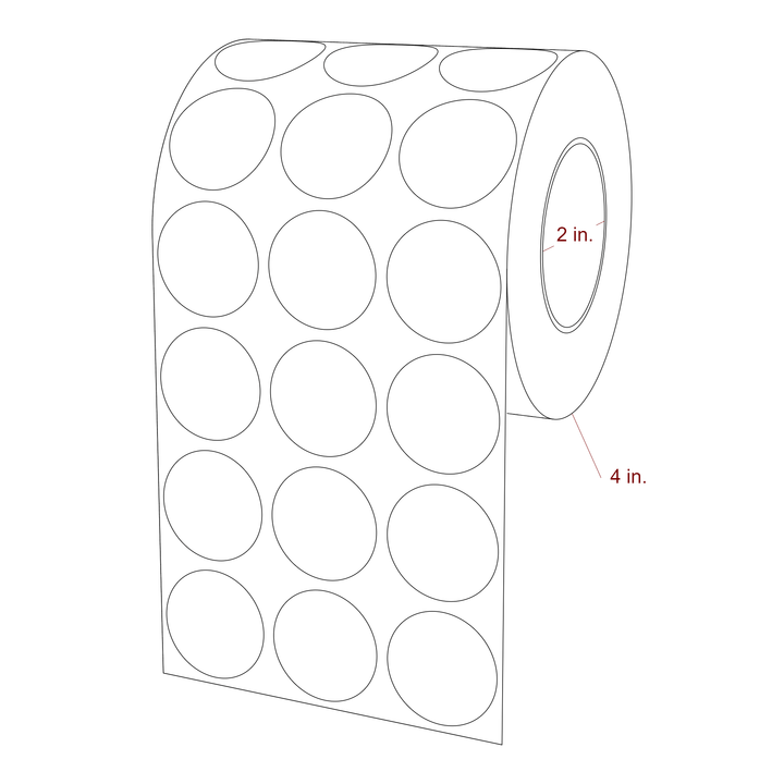 1.25 Inch Diameter Circle Inkjet Labels Roll - 2 Inch Core - 4 Inch Roll OD - 3Up - 3D Perspective