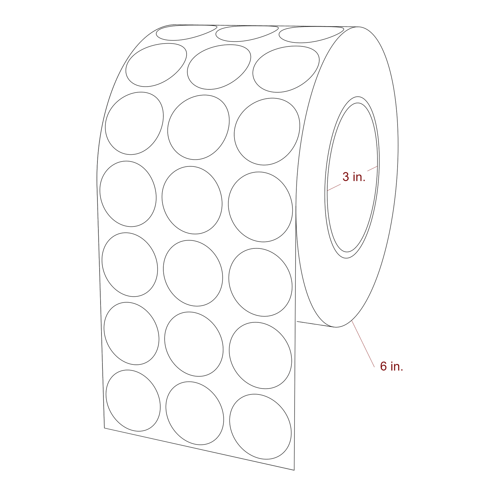 1.25 Inch Diameter Circle Inkjet Labels Roll - 3 Inch Core - 6 Inch Roll OD - 3Up - 3D Perspective