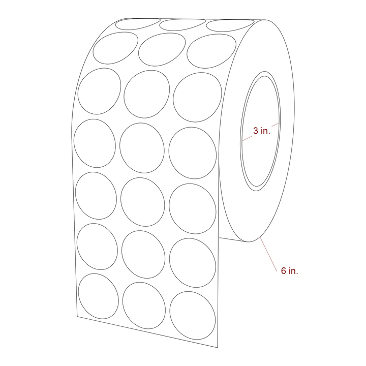 1.25 Inch Diameter Circle Inkjet Labels Roll - 3 Inch Core - 6 Inch Roll OD - 3Up - 3D Perspective