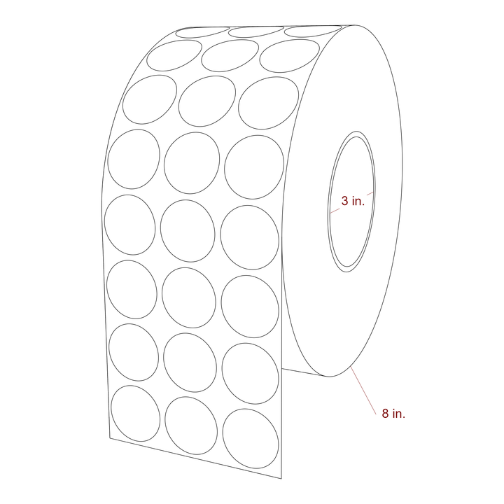 1.25 Inch Diameter Circle Inkjet Labels Roll - 3 Inch Core - 8 Inch Roll OD - 3Up - 3D Perspective