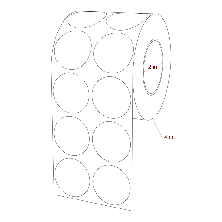 1.5 Inch Diameter Circle Inkjet Labels Roll - 2 Inch Core - 4 Inch Roll OD - 2Up - 3D Perspective