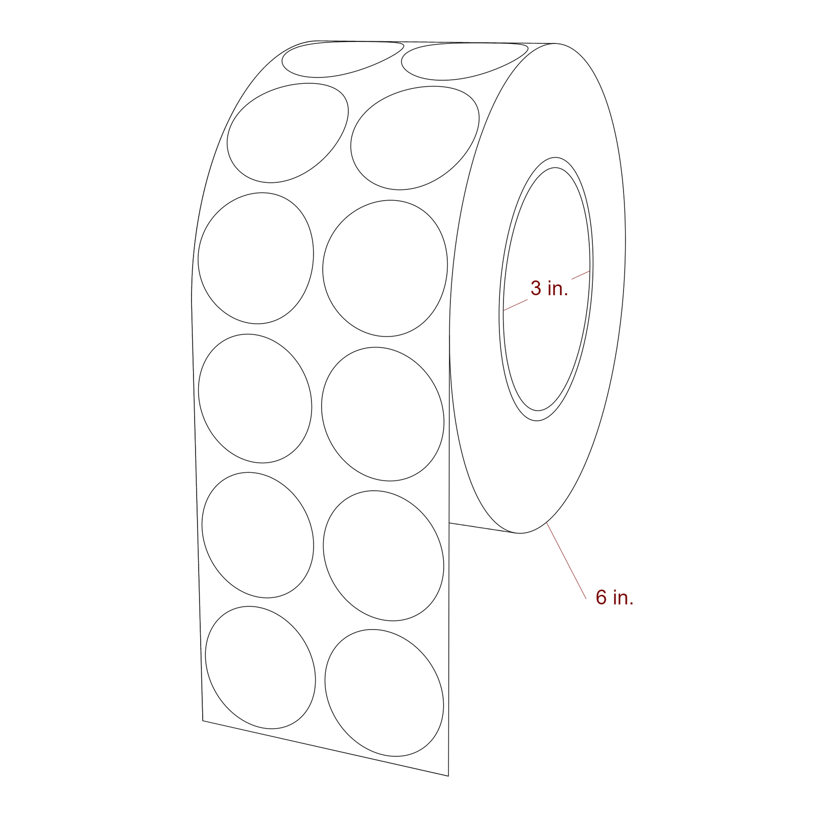 1.5 Inch Diameter Circle Inkjet Labels Roll - 3 Inch Core - 6 Inch Roll OD - 2Up - 3D Perspective