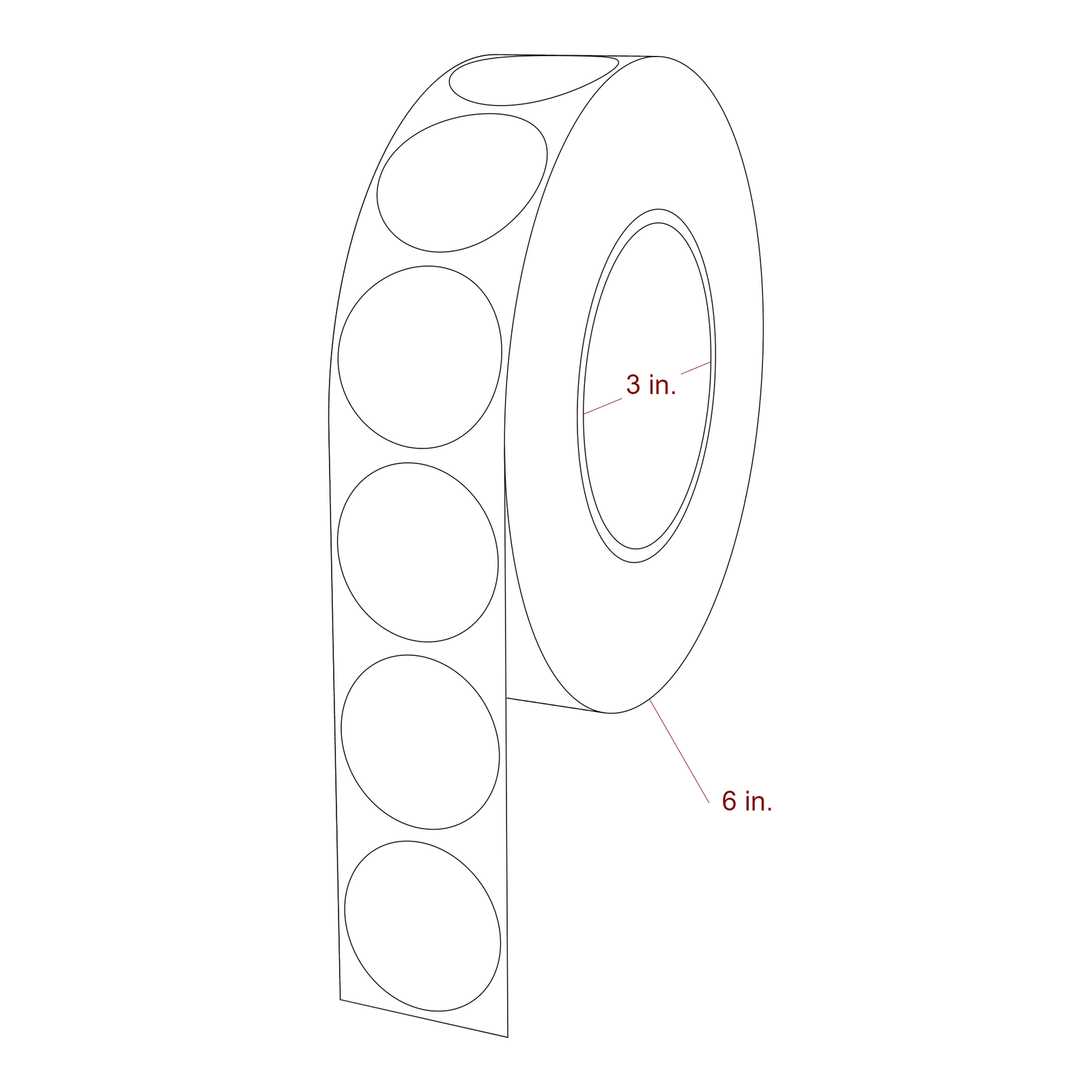 1.5 Inch Diameter Circle Inkjet Labels Roll - 3 Inch Core - 6 Inch Roll OD - 3D Perspective
