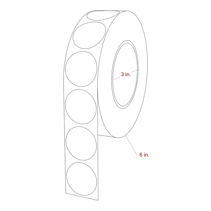 1.5 Inch Diameter Circle Inkjet Labels Roll - 3 Inch Core - 6 Inch Roll OD - 3D Perspective