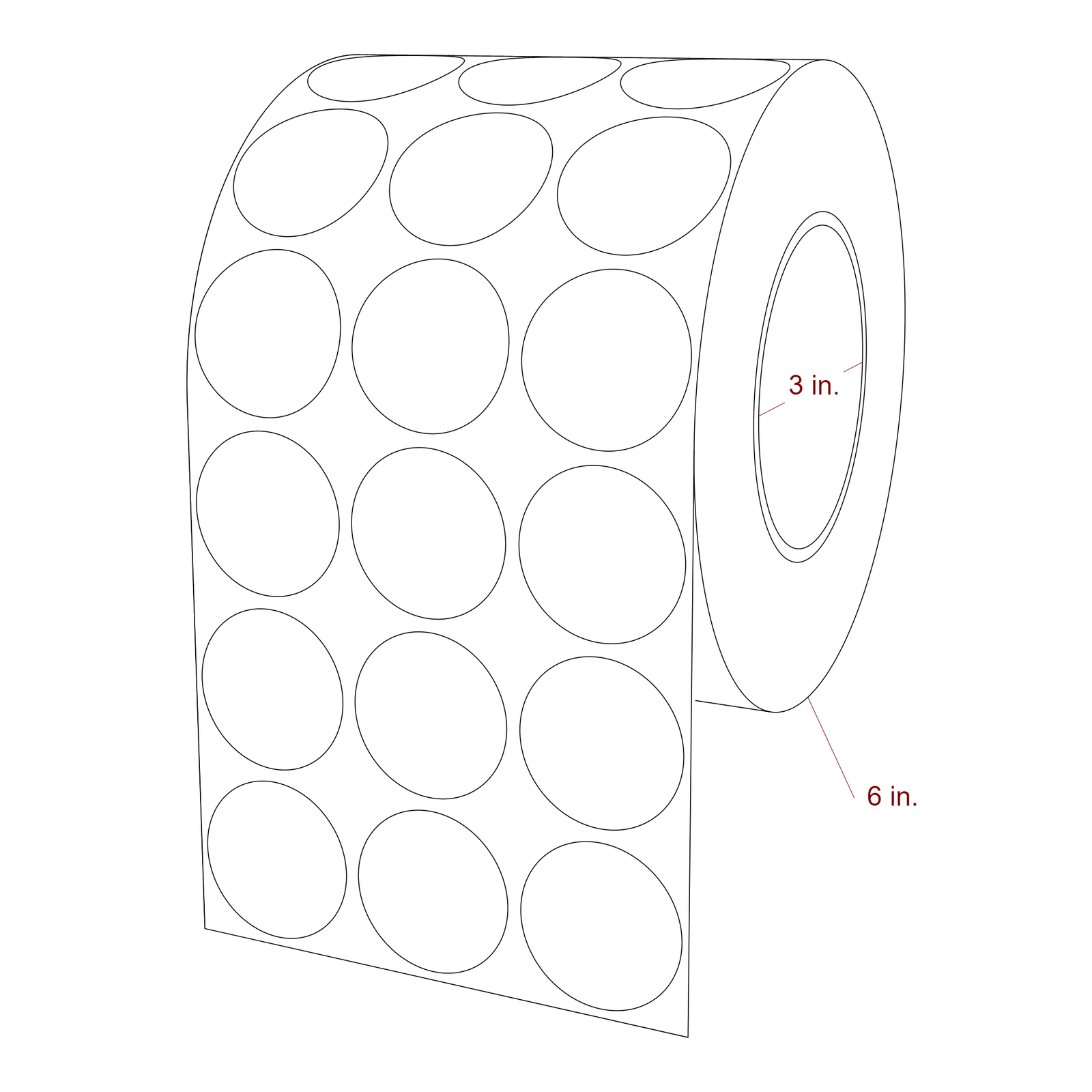 1.5 Inch Diameter Circle Inkjet Labels Roll - 3 Inch Core - 6 Inch Roll OD - 3Up - 3D Perspective