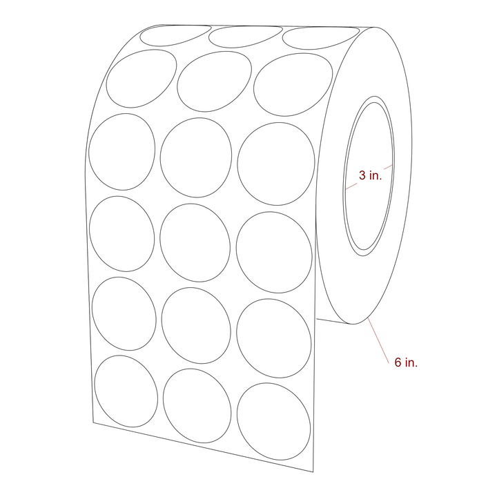 1.5 Inch Diameter Circle Inkjet Labels Roll - 3 Inch Core - 6 Inch Roll OD - 3Up - 3D Perspective