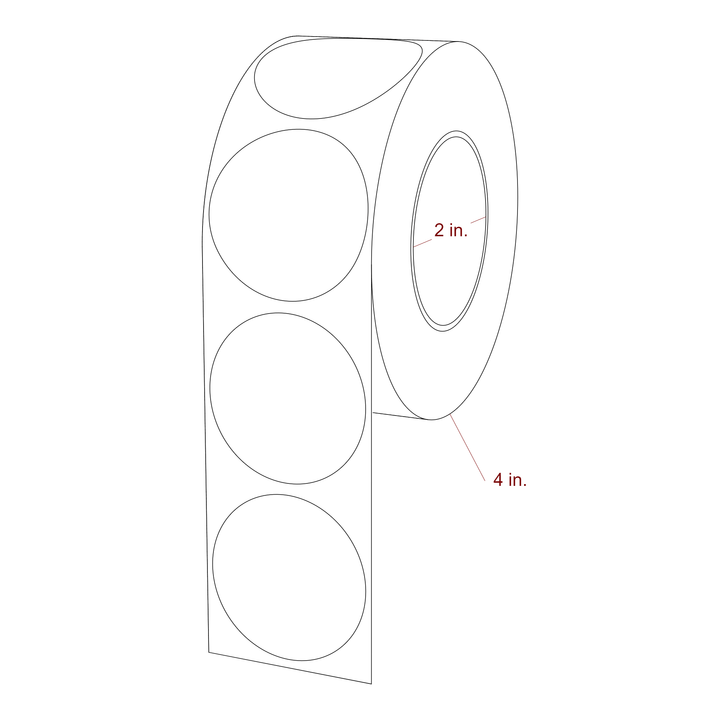 1.75 Inch Diameter Circle Inkjet Labels Roll - 2 Inch Core - 4 Inch Roll OD - 3D Perspective