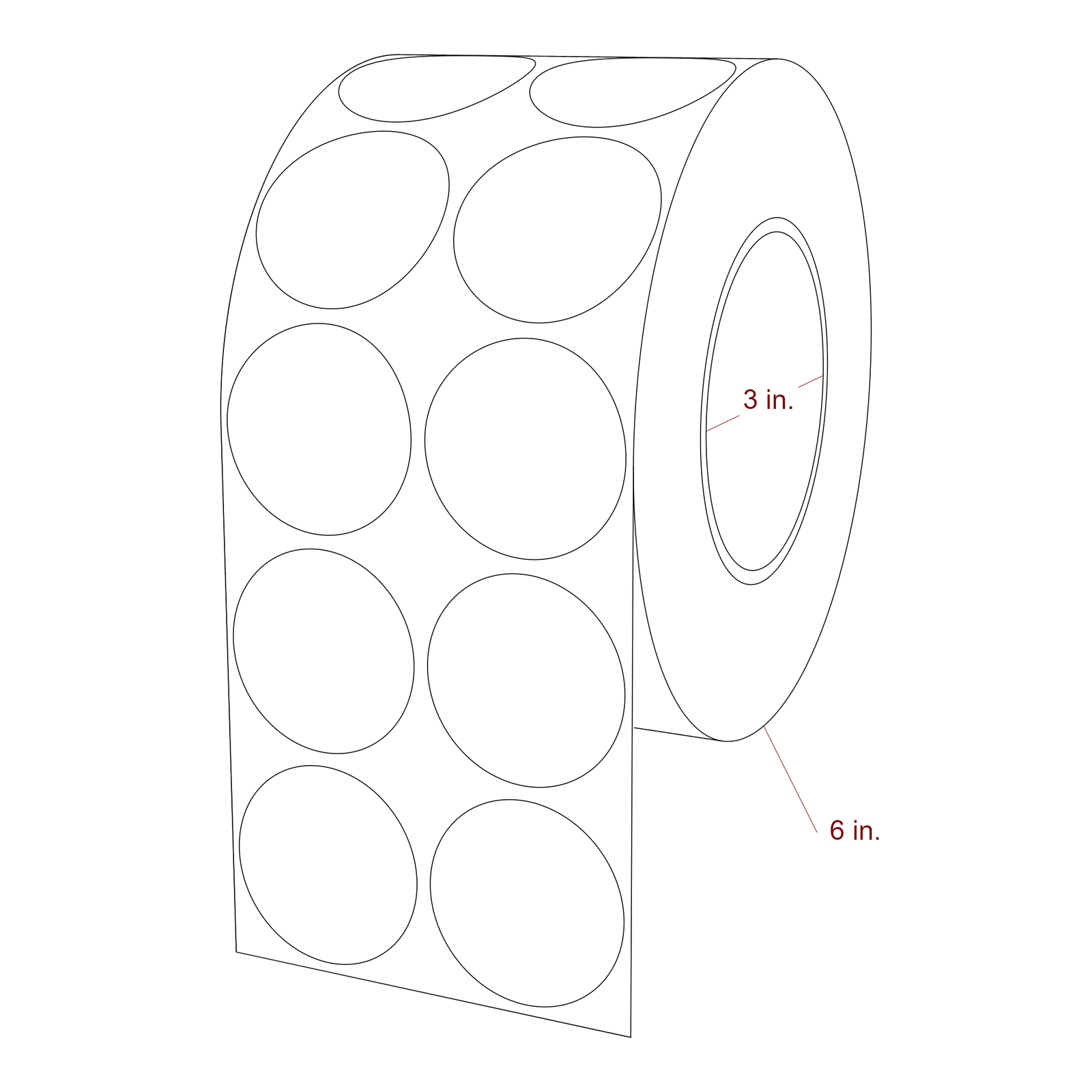 1.75 Inch Diameter Circle Inkjet Labels Roll - 3 Inch Core - 6 Inch Roll OD - 2Up - 3D Perspective