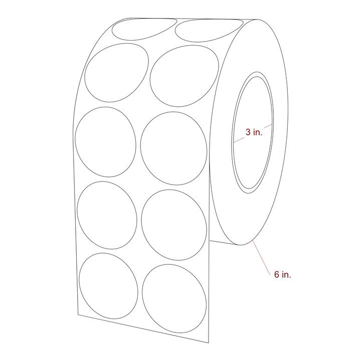 1.75 Inch Diameter Circle Inkjet Labels Roll - 3 Inch Core - 6 Inch Roll OD - 2Up - 3D Perspective