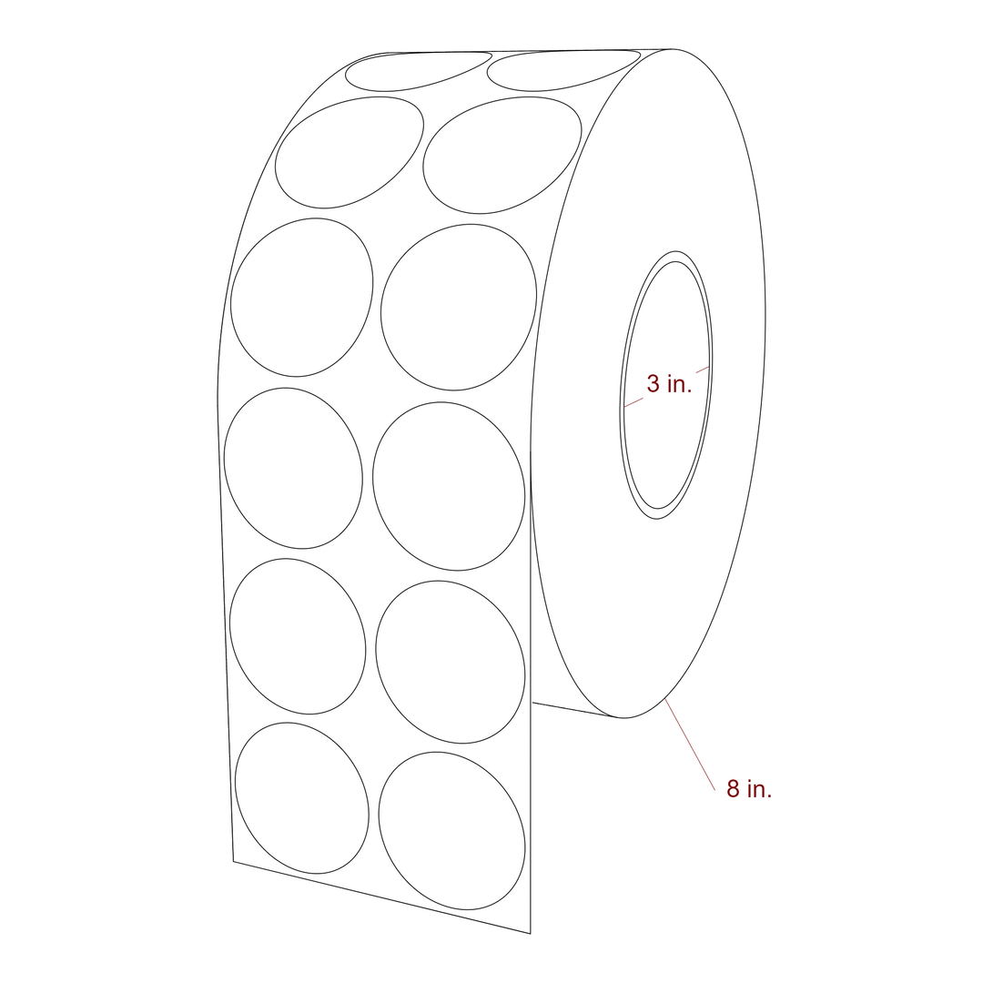 1.75 Inch Diameter Circle Inkjet Labels Roll - 3 Inch Core - 8 Inch Roll OD - 2Up - 3D Perspective