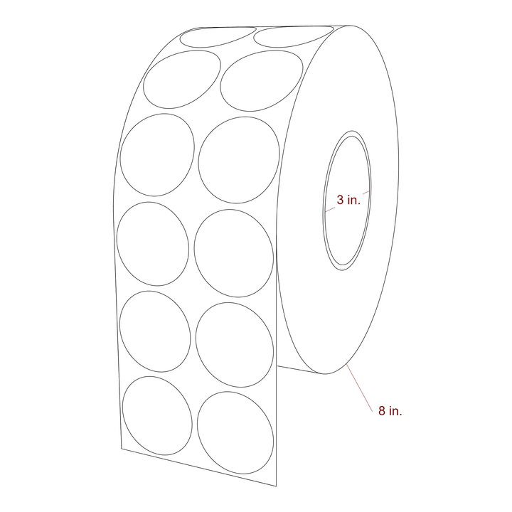 1.75 Inch Diameter Circle Inkjet Labels Roll - 3 Inch Core - 8 Inch Roll OD - 2Up - 3D Perspective