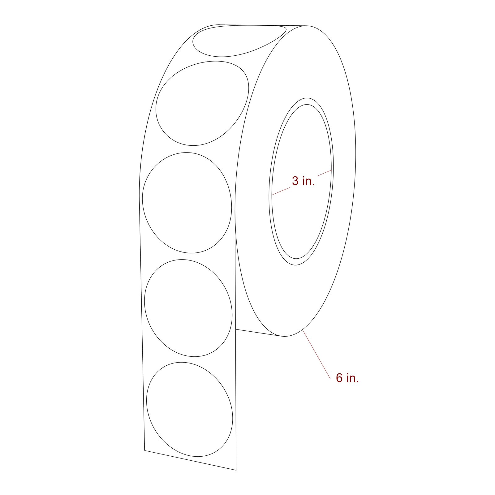 1.75 Inch Diameter Circle Inkjet Labels Roll - 3 Inch Core - 6 Inch Roll OD - 3D Perspective
