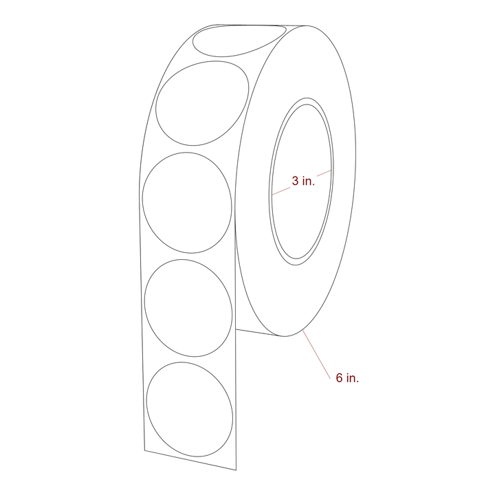 1.75 Inch Diameter Circle Inkjet Labels Roll - 3 Inch Core - 6 Inch Roll OD - 3D Perspective