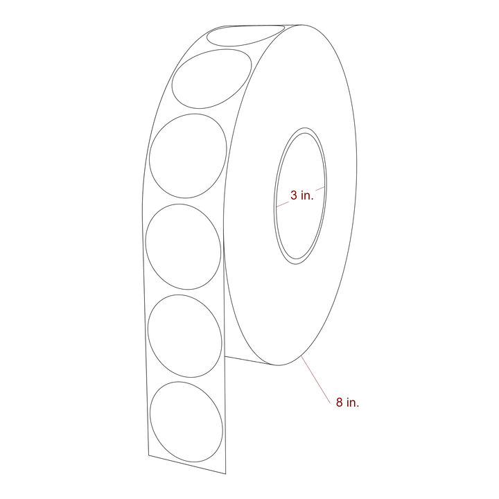 1.75 Inch Diameter Circle Inkjet Labels Roll - 3 Inch Core - 8 Inch Roll OD - 3D Perspective