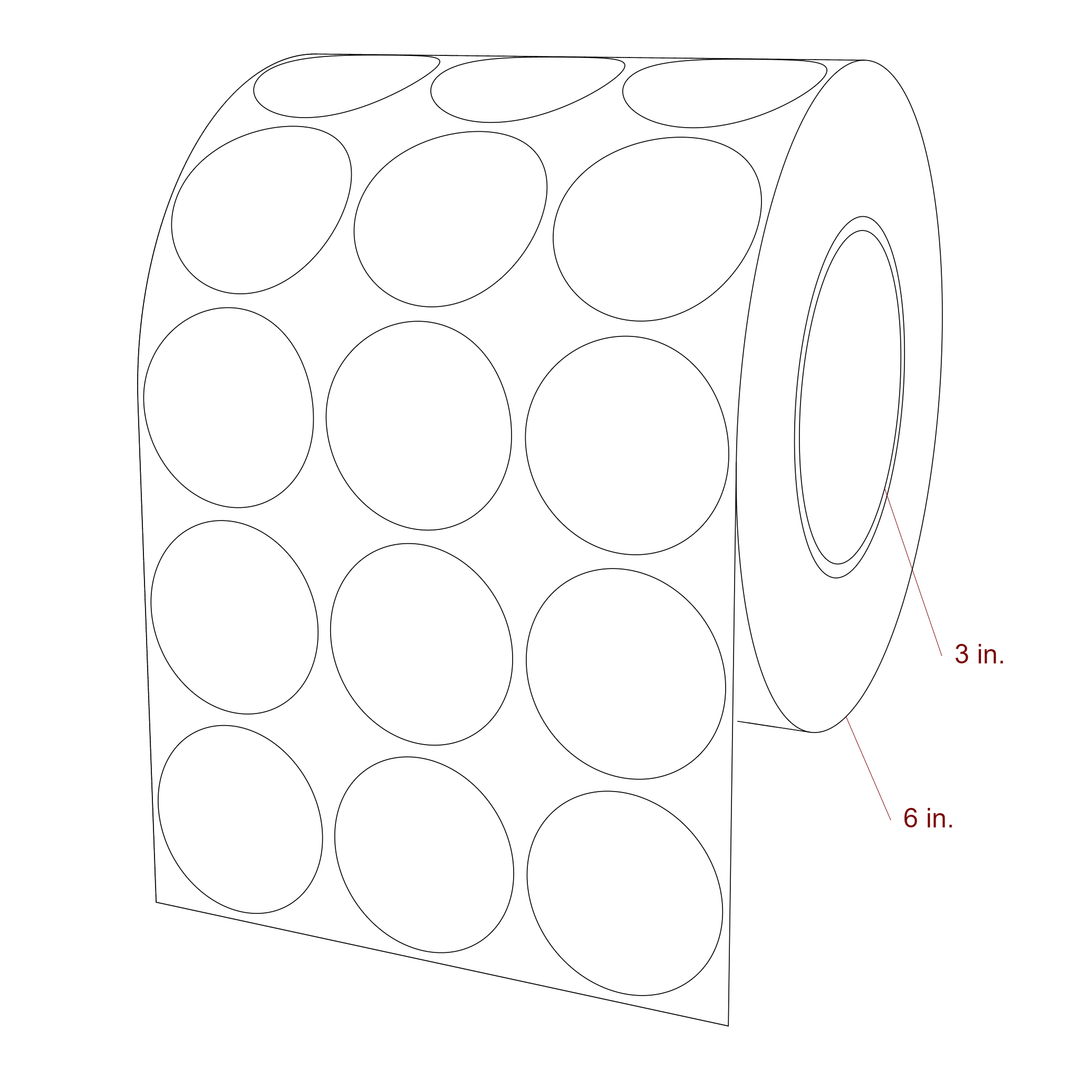 1.75 Inch Diameter Circle Inkjet Labels Roll - 3 Inch Core - 6 Inch Roll OD - 3Up - 3D Perspective