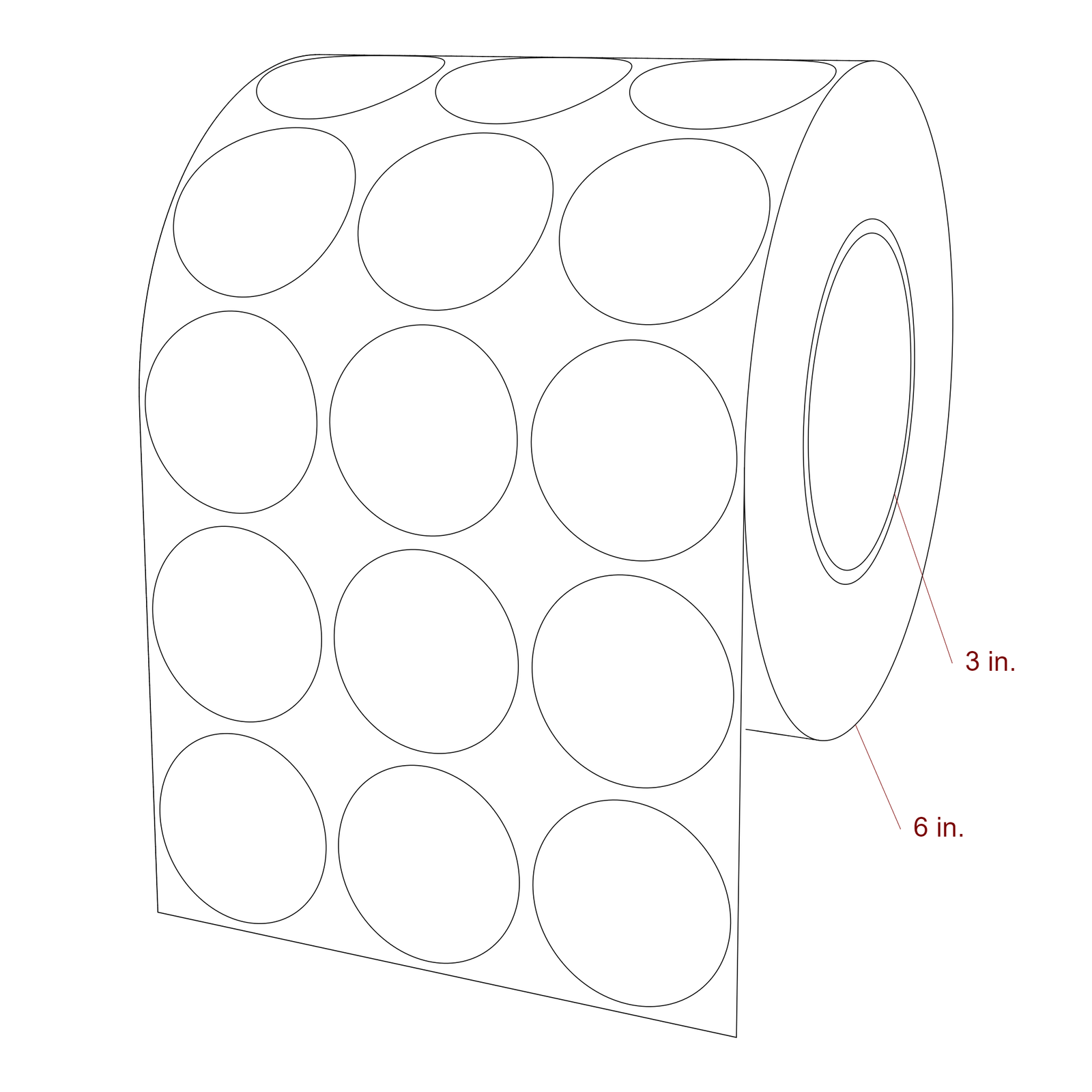 1.75 Inch Diameter Circle Inkjet Labels Roll - 3 Inch Core - 6 Inch Roll OD - 3Up - 3D Perspective