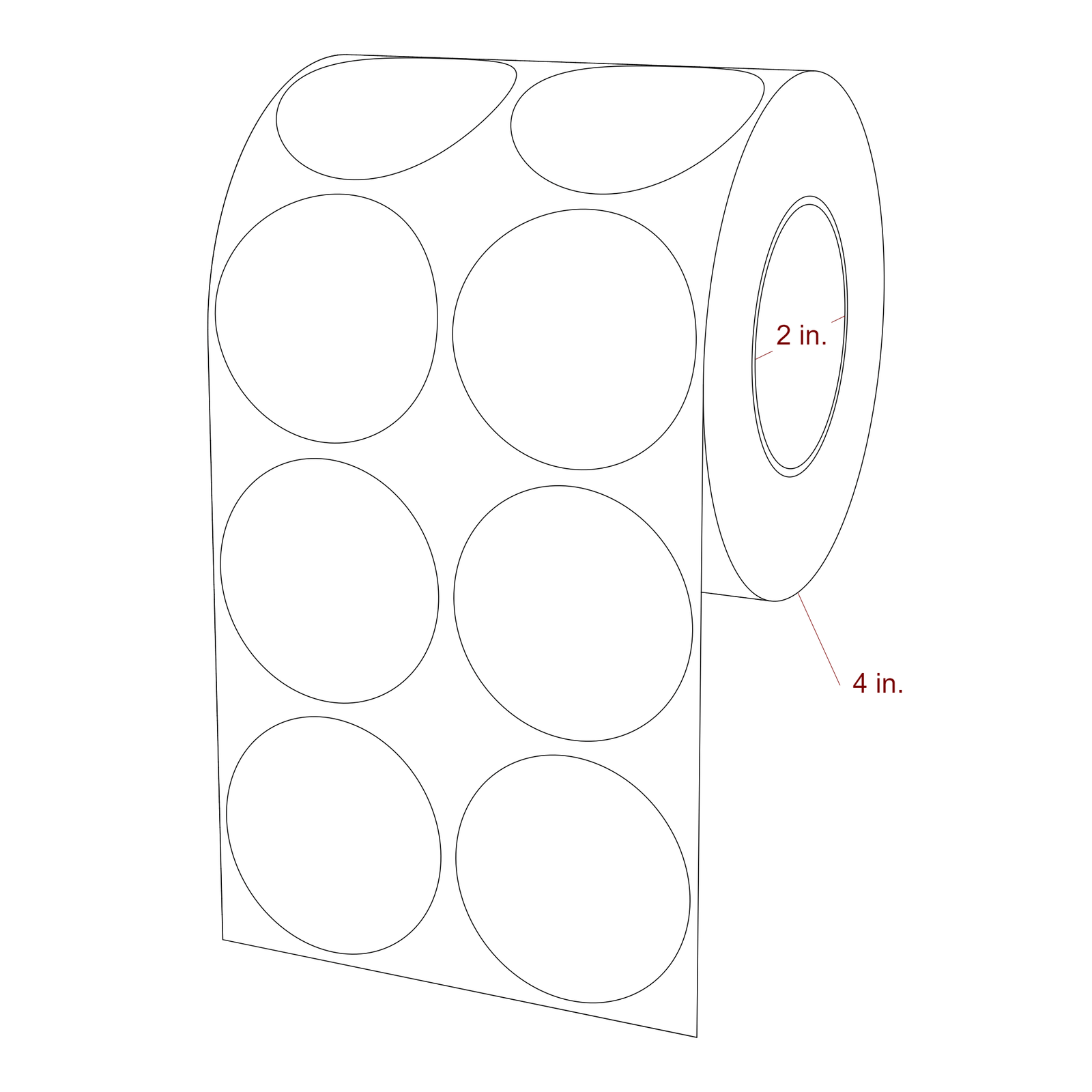 1.875 Inch Diameter Circle Inkjet Labels Roll - 2 Inch Core - 4 Inch Roll OD - 2Up - 3D Perspective