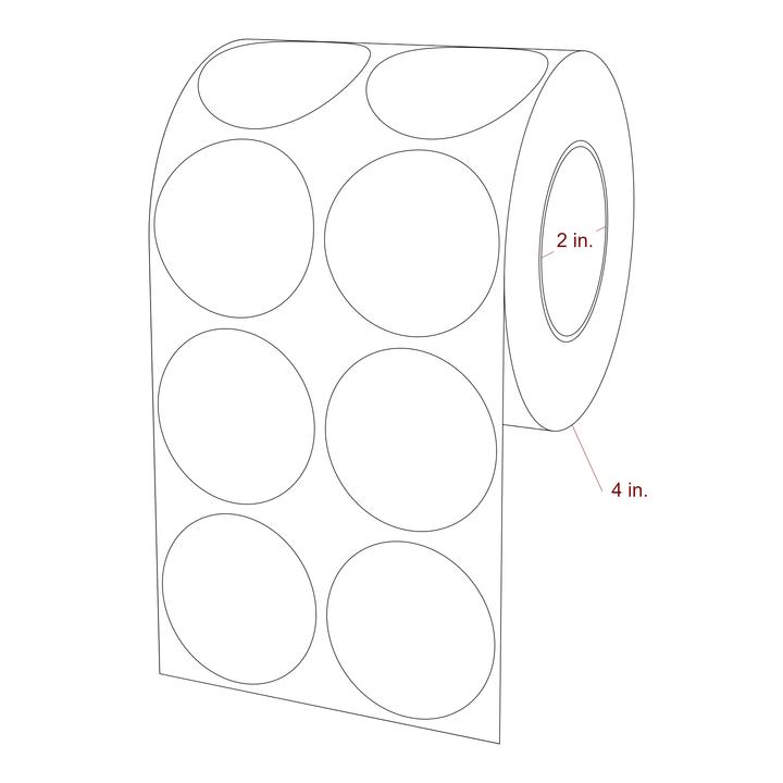 1.875 Inch Diameter Circle Inkjet Labels Roll - 2 Inch Core - 4 Inch Roll OD - 2Up - 3D Perspective