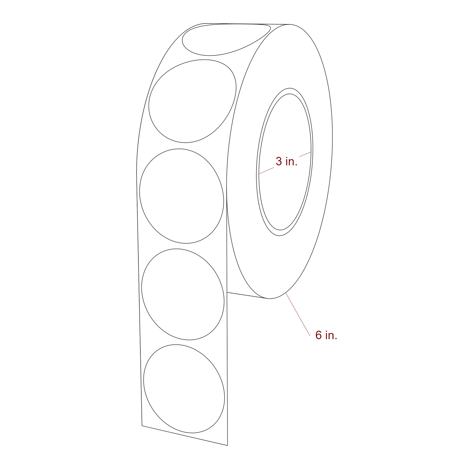 1.875 Inch Diameter Circle Inkjet Labels Roll - 3 Inch Core - 6 Inch Roll OD - 3D Perspective