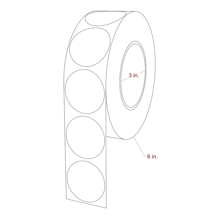 1.875 Inch Diameter Circle Inkjet Labels Roll - 3 Inch Core - 6 Inch Roll OD - 3D Perspective
