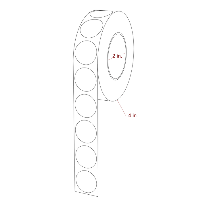 1 Inch Diameter Circle Inkjet Labels Roll - 2 Inch Core - 4 Inch Roll OD - 3D Perspective