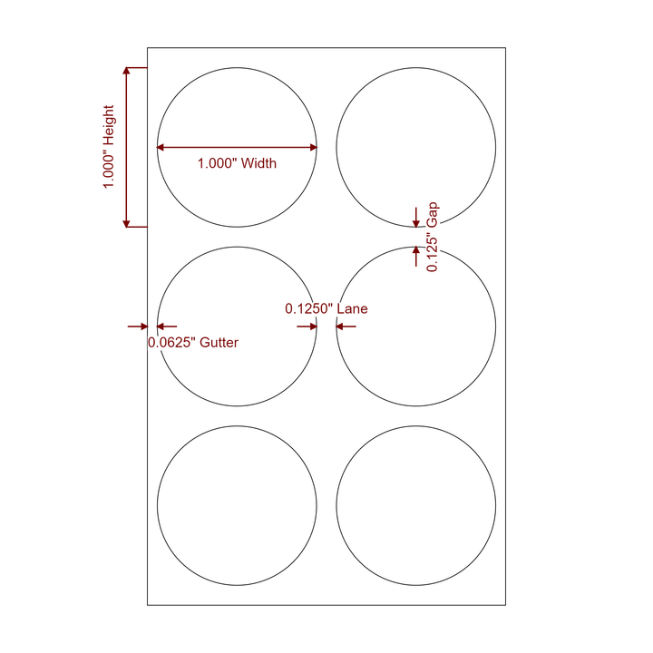 1 Inch Diameter Circle Inkjet Labels Roll - 2Up - 2D Drawing