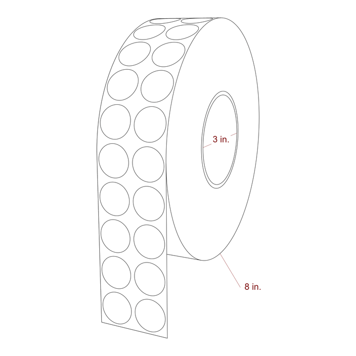 1 Inch Diameter Circle Inkjet Labels Roll - 3 Inch Core - 8 Inch Roll OD - 2Up - 3D Perspective