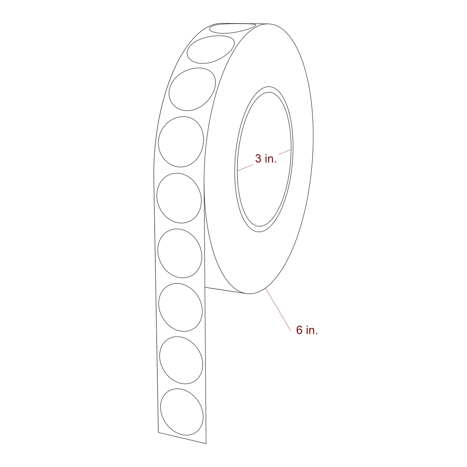 1 Inch Diameter Circle Inkjet Labels Roll - 3 Inch Core - 6 Inch Roll OD - 3D Perspective