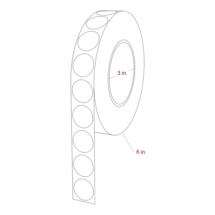 1 Inch Diameter Circle Inkjet Labels Roll - 3 Inch Core - 6 Inch Roll OD - 3D Perspective