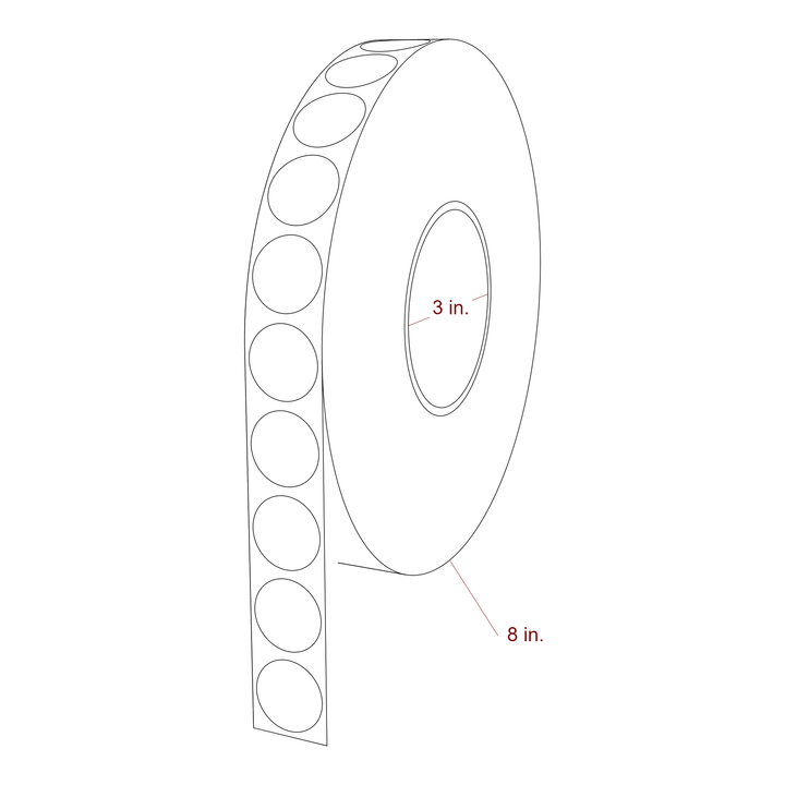 1 Inch Diameter Circle Inkjet Labels Roll - 3 Inch Core - 8 Inch Roll OD - 3D Perspective