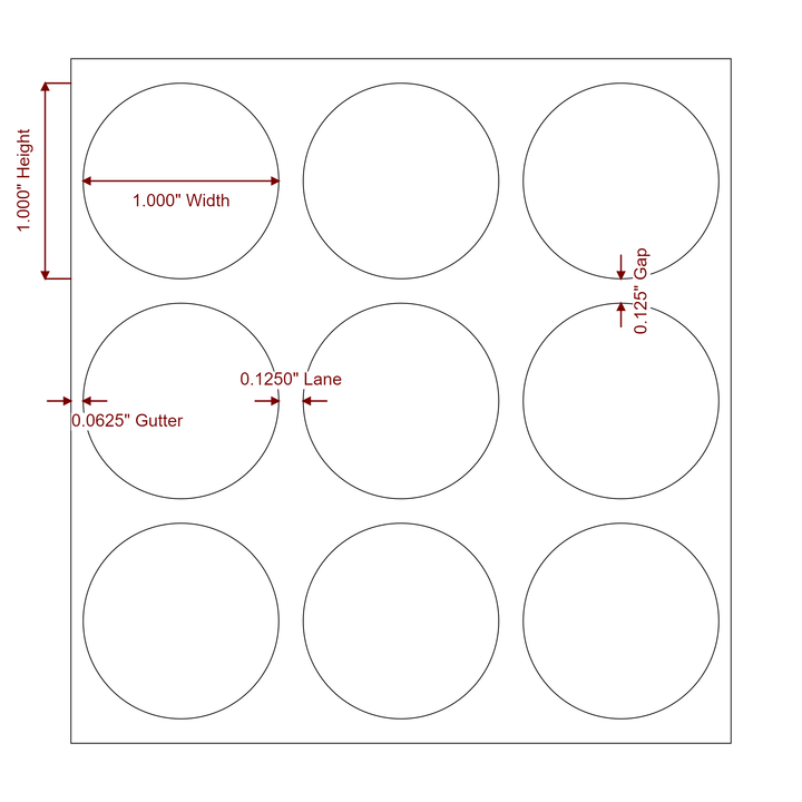 1 Inch Diameter Circle Inkjet Labels Roll - 3Up - 2D Drawing