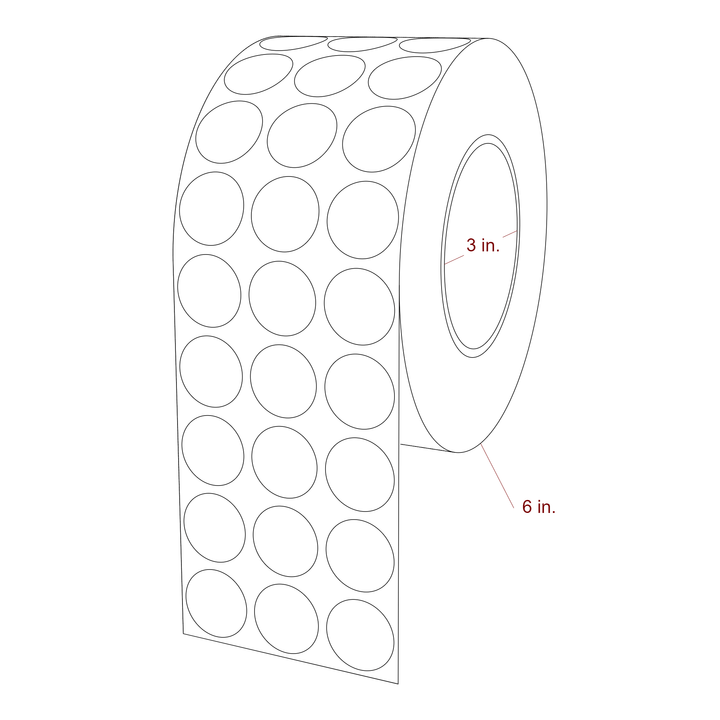 1 Inch Diameter Circle Inkjet Labels Roll - 3 Inch Core - 6 Inch Roll OD - 3Up - 3D Perspective