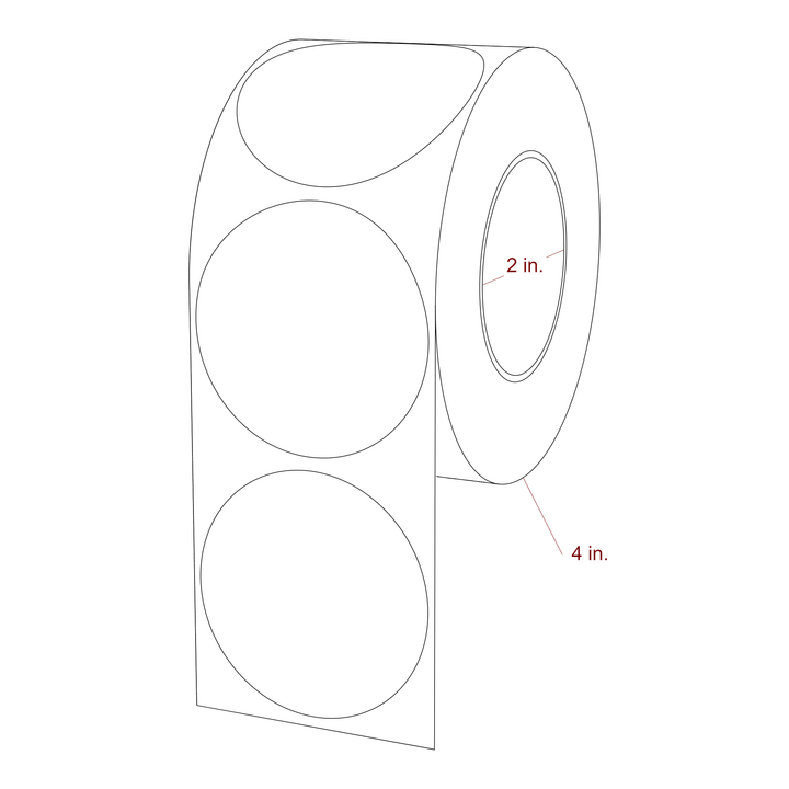 2.25 Inch Diameter Circle Inkjet Labels Roll - 2 Inch Core - 4 Inch Roll OD - 3D Perspective