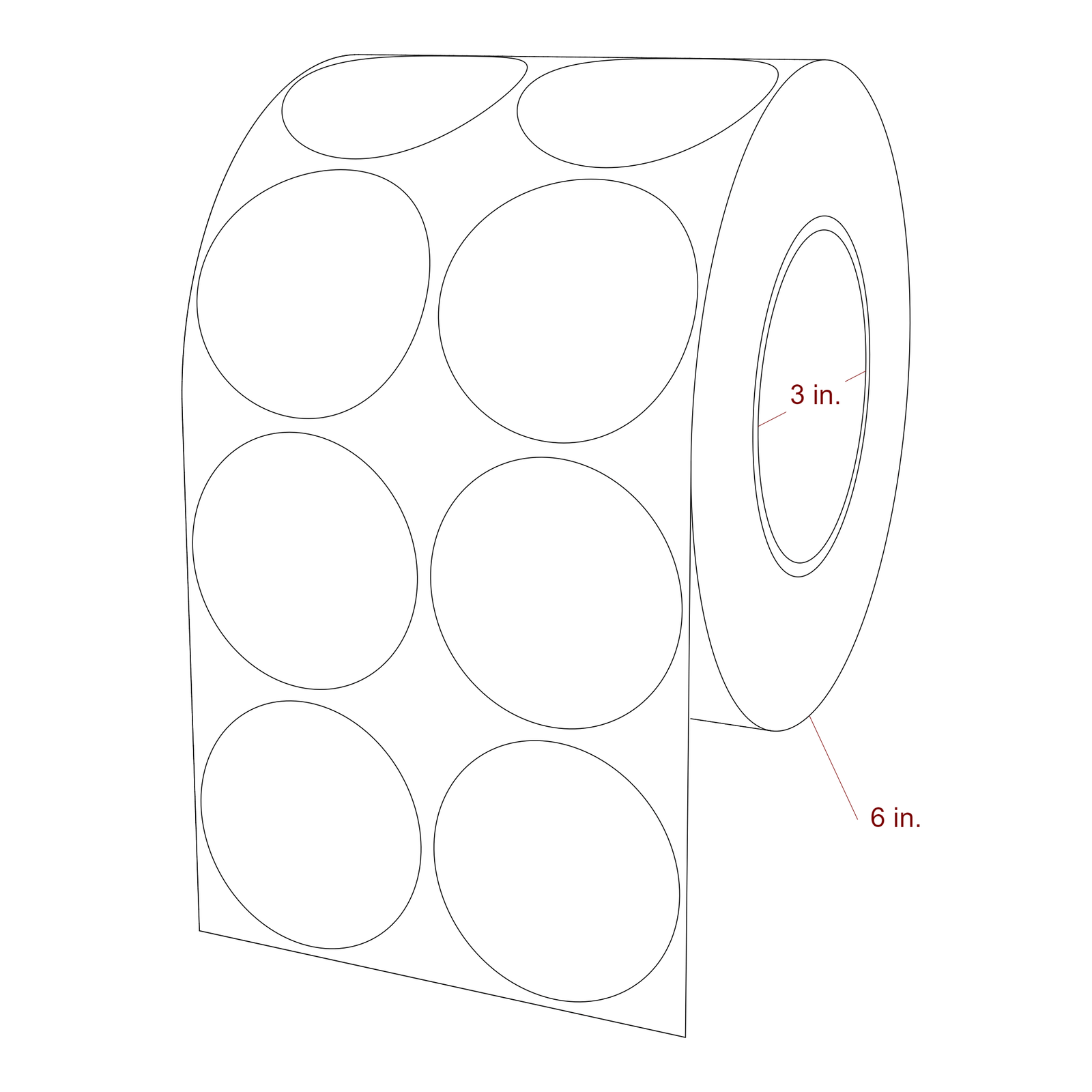 2.25 Inch Diameter Circle Inkjet Labels Roll - 3 Inch Core - 6 Inch Roll OD - 2Up - 3D Perspective