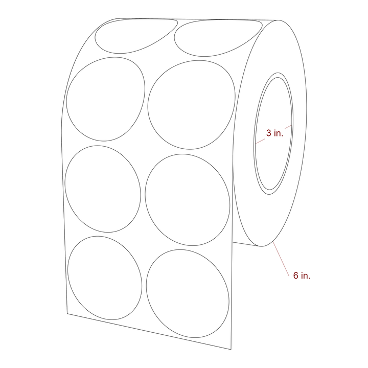 2.25 Inch Diameter Circle Inkjet Labels Roll - 3 Inch Core - 6 Inch Roll OD - 2Up - 3D Perspective
