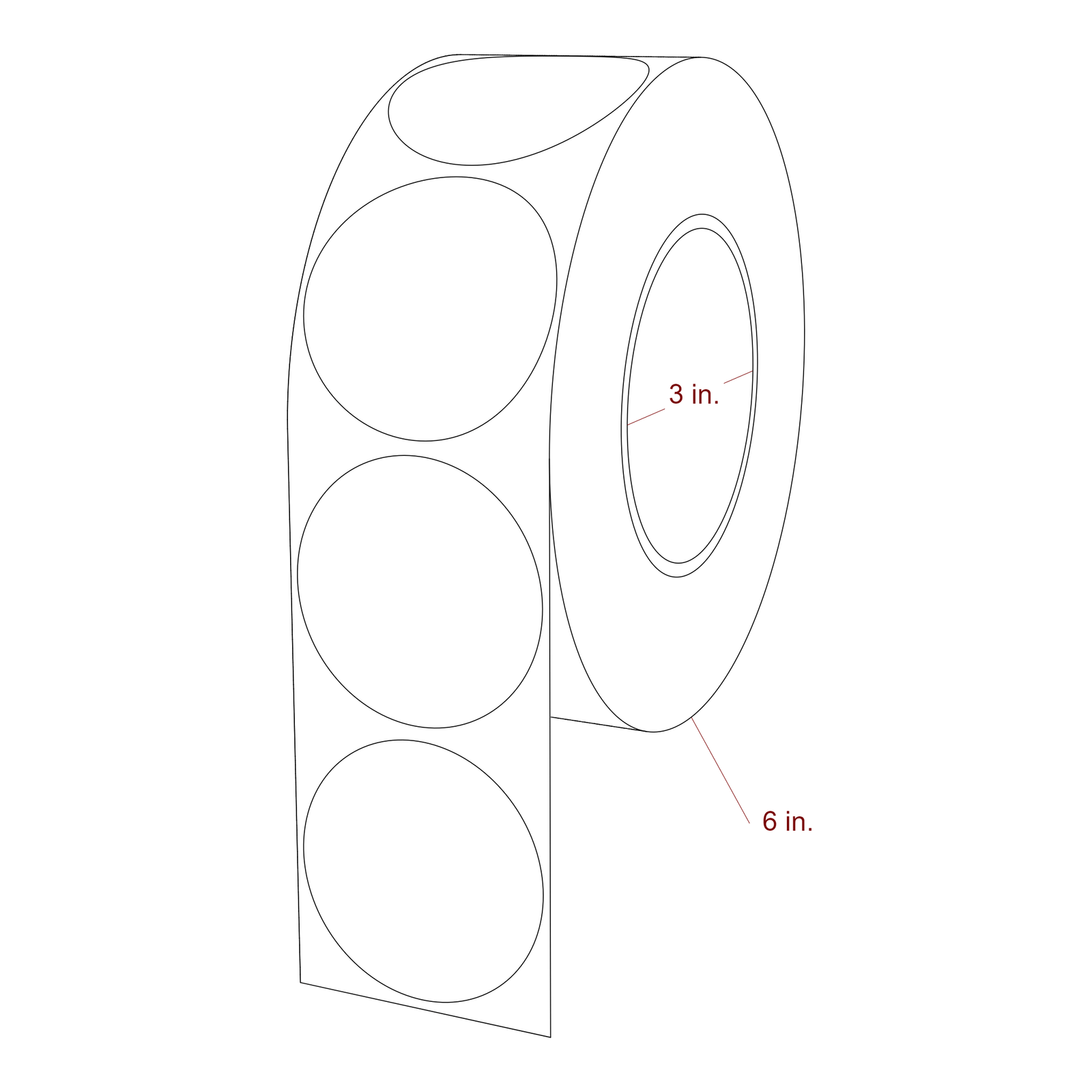 2.25 Inch Diameter Circle Inkjet Labels Roll - 3 Inch Core - 6 Inch Roll OD - 3D Perspective