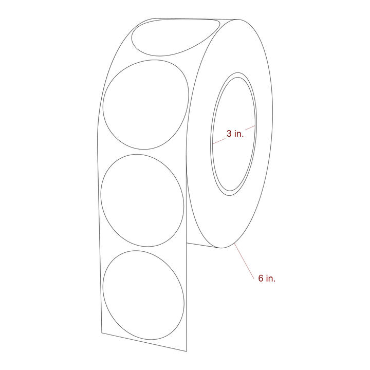 2.25 Inch Diameter Circle Inkjet Labels Roll - 3 Inch Core - 6 Inch Roll OD - 3D Perspective