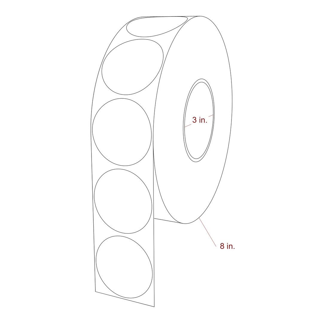 2.25 Inch Diameter Circle Inkjet Labels Roll - 3 Inch Core - 8 Inch Roll OD - 3D Perspective