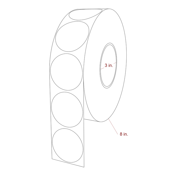 2.25 Inch Diameter Circle Inkjet Labels Roll - 3 Inch Core - 8 Inch Roll OD - 3D Perspective