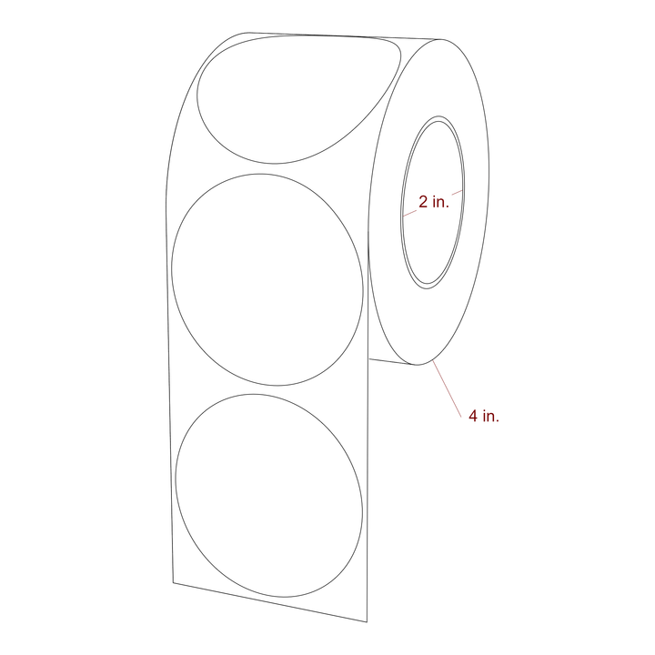 2.5 Inch Diameter Circle Inkjet Labels Roll - 2 Inch Core - 4 Inch Roll OD - 3D Perspective