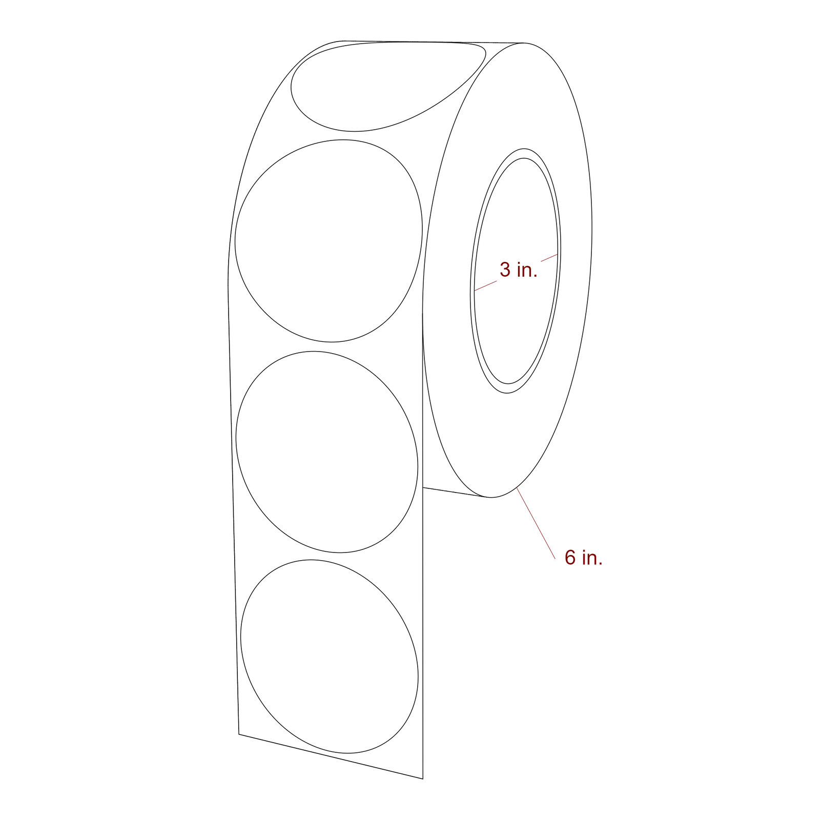 2.5 Inch Diameter Circle Inkjet Labels Roll - 3 Inch Core - 6 Inch Roll OD - 3D Perspective