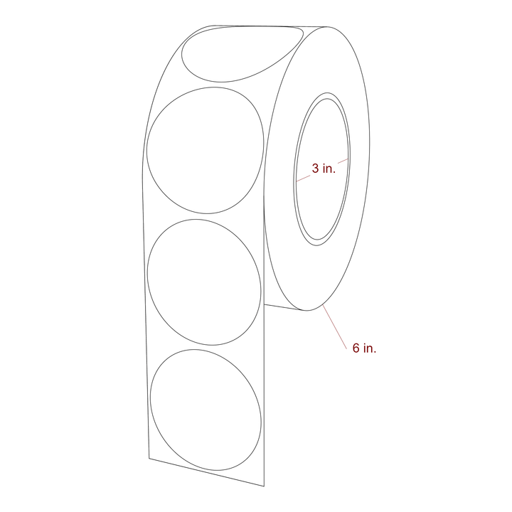 2.5 Inch Diameter Circle Inkjet Labels Roll - 3 Inch Core - 6 Inch Roll OD - 3D Perspective