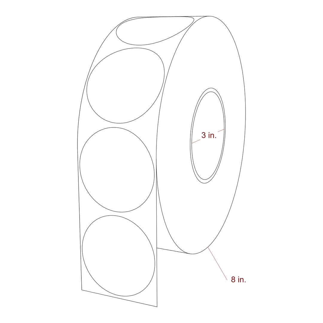 2.5 Inch Diameter Circle Inkjet Labels Roll - 3 Inch Core - 8 Inch Roll OD - 3D Perspective
