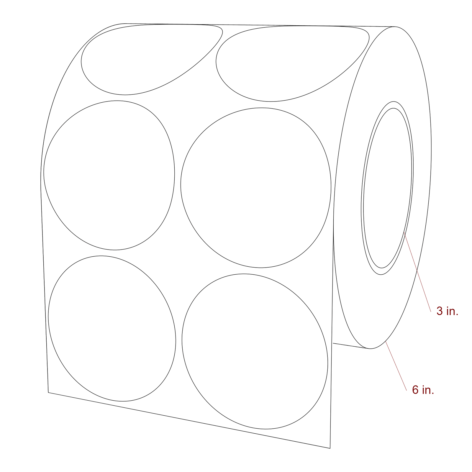 2.75 Inch Diameter Circle Inkjet Labels Roll - 3 Inch Core - 6 Inch Roll OD - 2Up - 3D Perspective