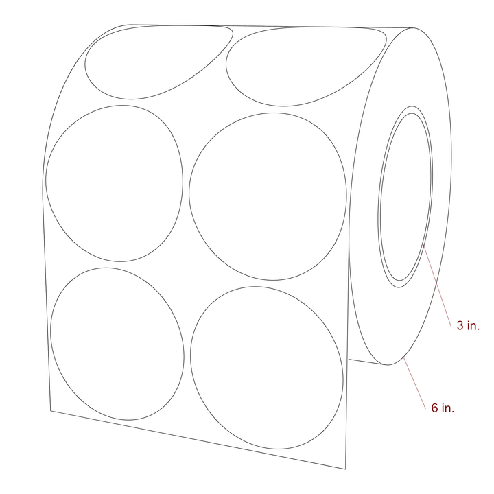 2.75 Inch Diameter Circle Inkjet Labels Roll - 3 Inch Core - 6 Inch Roll OD - 2Up - 3D Perspective