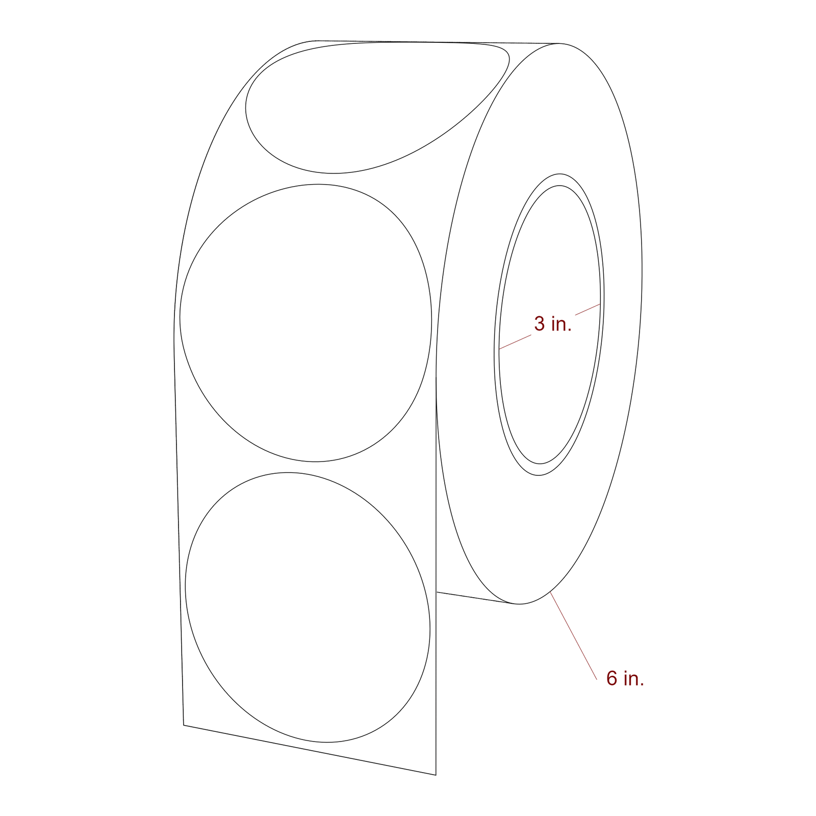 2.75 Inch Diameter Circle Inkjet Labels Roll - 3 Inch Core - 6 Inch Roll OD - 3D Perspective