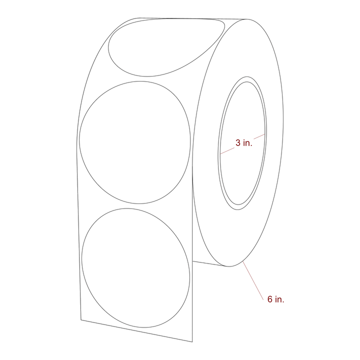 2.75 Inch Diameter Circle Inkjet Labels Roll - 3 Inch Core - 6 Inch Roll OD - 3D Perspective
